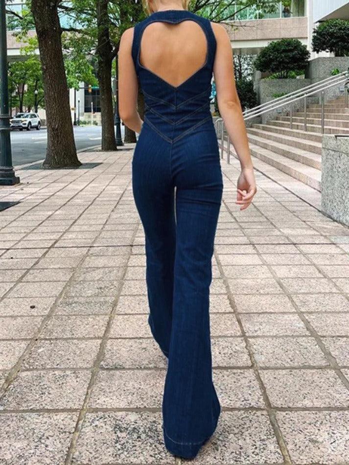 Backless Zip Up High Rise Denim Jumpsuits - AnotherChill