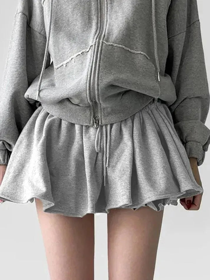 Basic Gray Drawstring Ruffle Trim Mini Skirt - AnotherChill