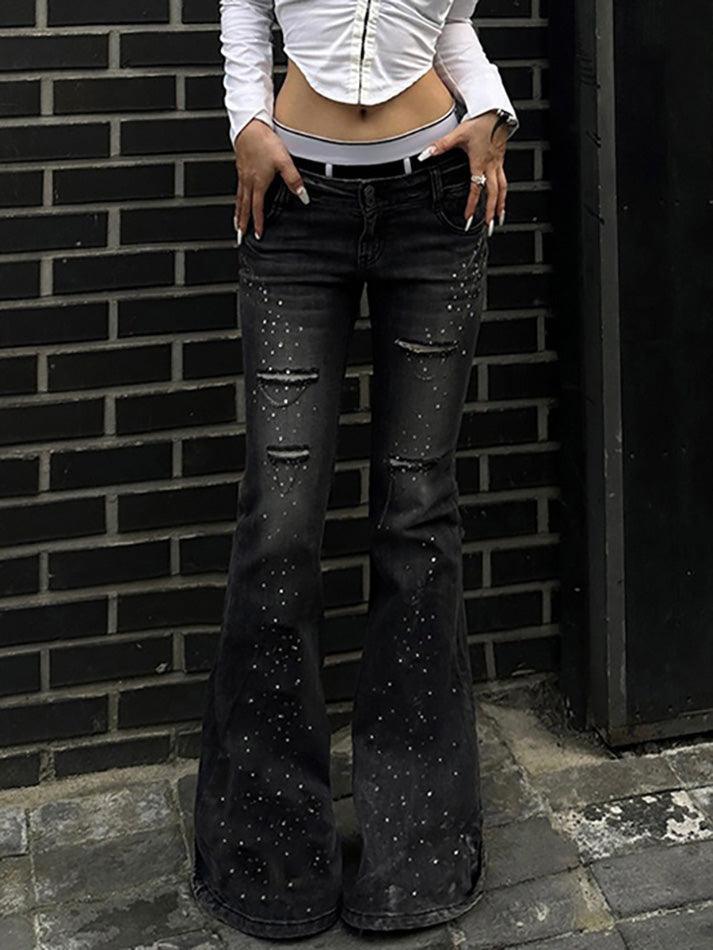 Rhinestone Ripped Low-Rise Flared Jeans