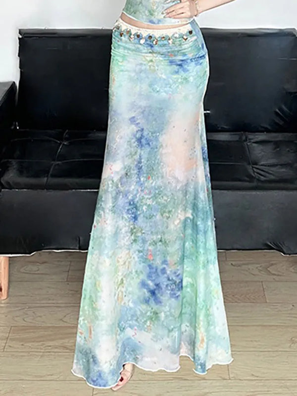 Tie-Dye Low-Waist Ruched Slim Maxi Skirt