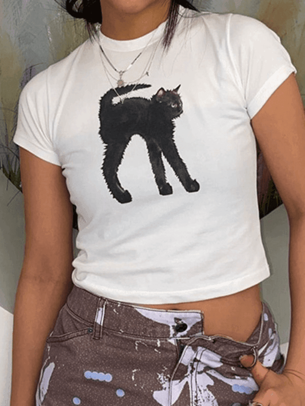 Black Cat Printed Crop Top - AnotherChill