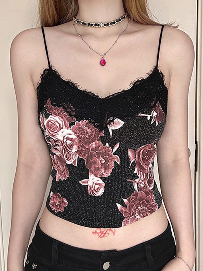 Black Lace Rose Print V-Neck Cami Top - AnotherChill