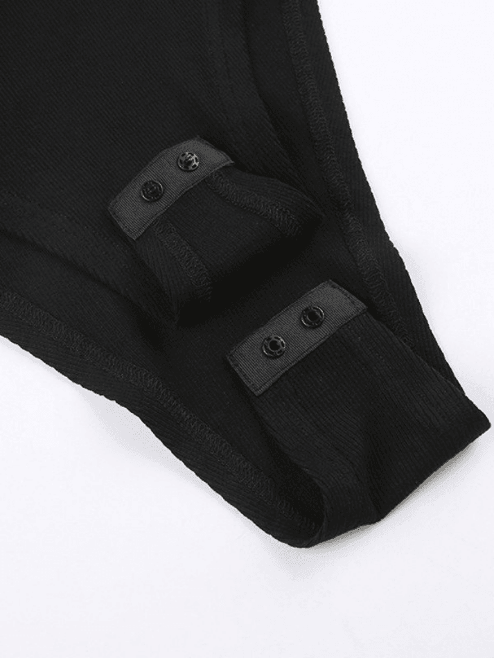 Black Patchwork Cutout Long Sleeve Bodysuit - AnotherChill