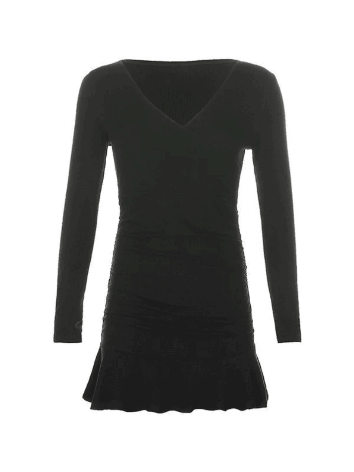 Black Ruffle Ribbed Long Sleeve Wrap Mini Dress - AnotherChill
