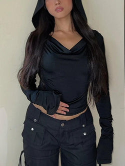 Black Stacked Neck Hooded Slim Long Sleeve Tee - AnotherChill