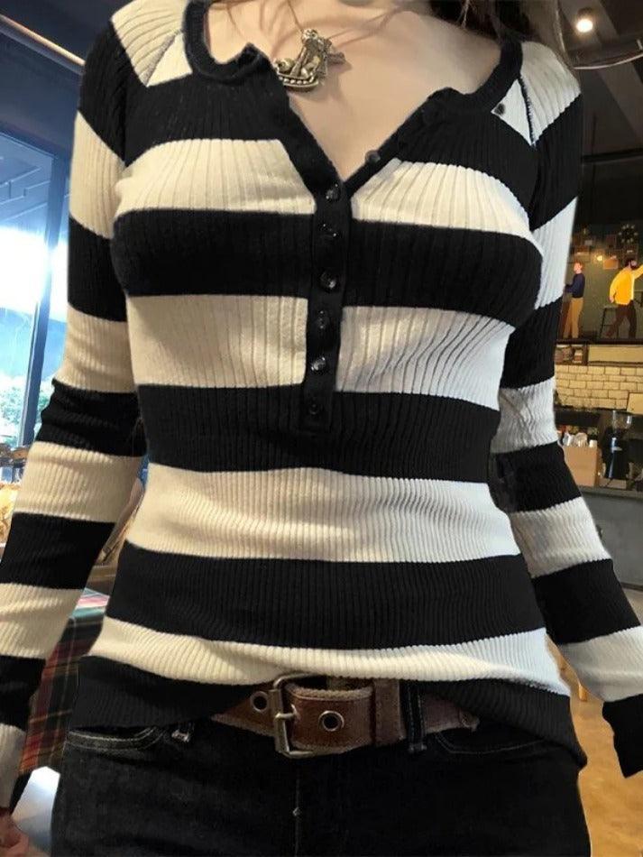 Blue Stripe Button Up Ribbed Knit Top - AnotherChill