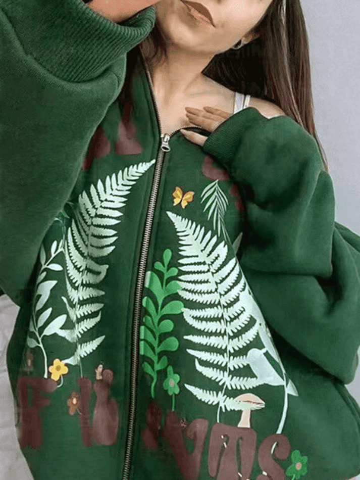 Botanical Print Green Zip-Up Hoodie - AnotherChill