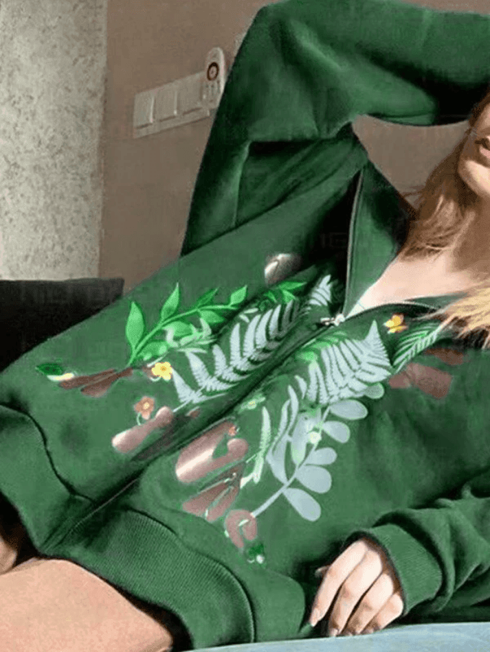 Botanical Print Green Zip-Up Hoodie - AnotherChill