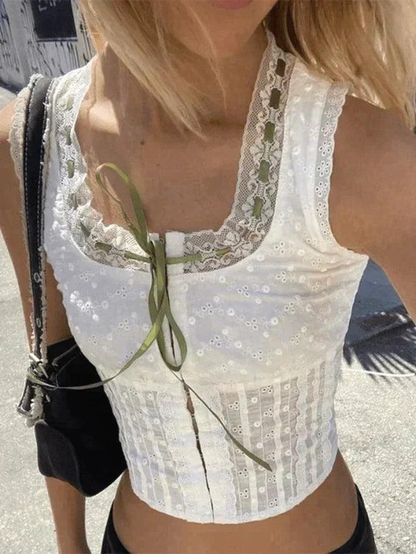 Broderie Lace White Cropped Tank Top - AnotherChill