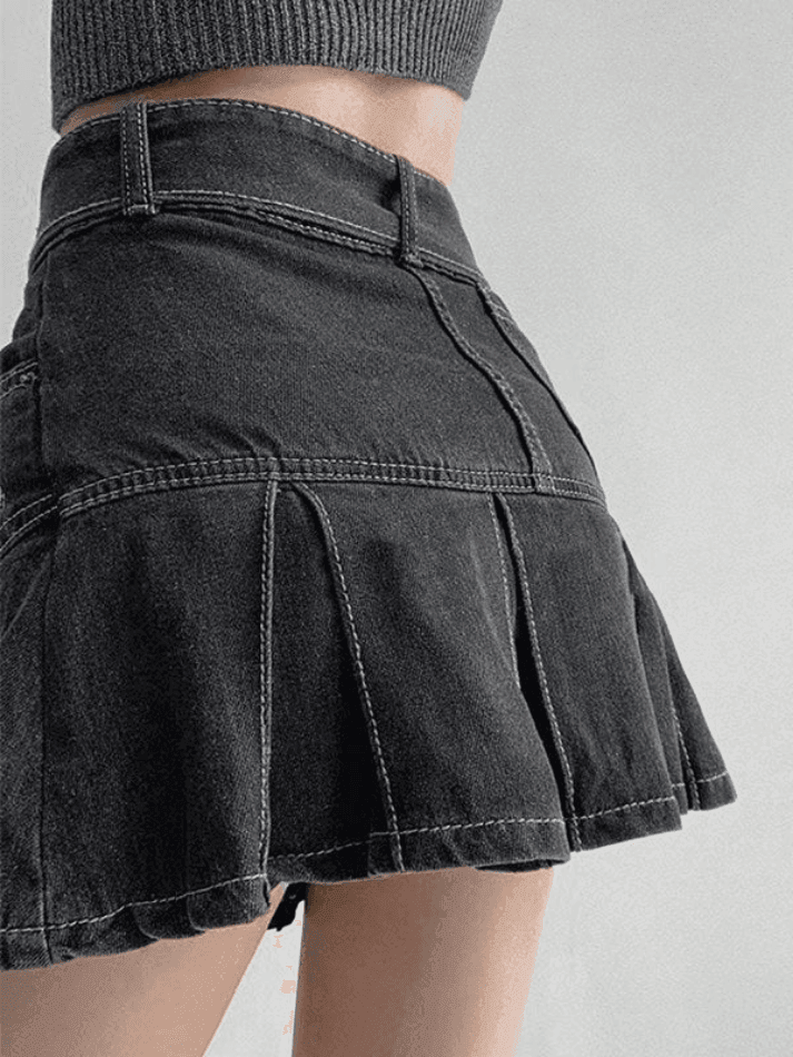 Buckle Belt Pleated Denim Mini Skirt - AnotherChill