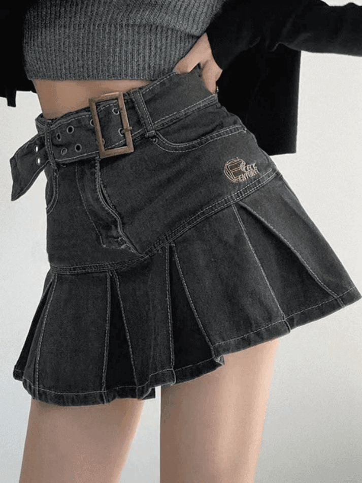 Buckle Belt Pleated Denim Mini Skirt - AnotherChill