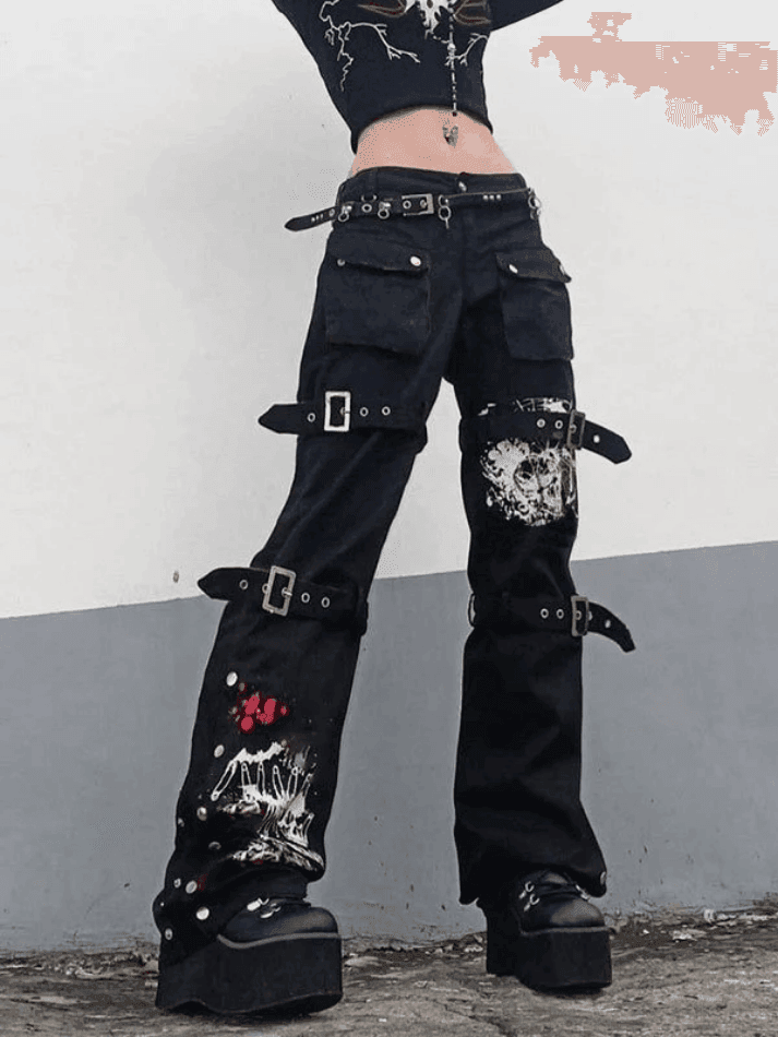 Buckle Strap Printed Cargo Jeans - AnotherChill