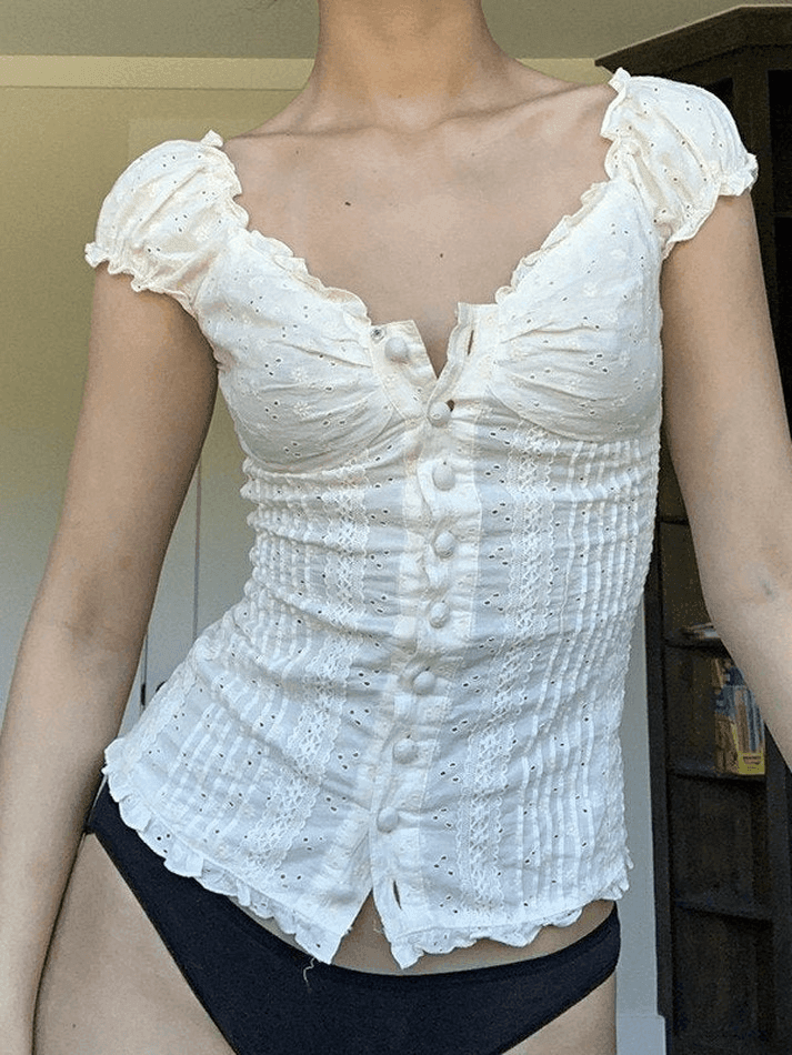 Button Down Broidered Lace Crop Blouse - AnotherChill