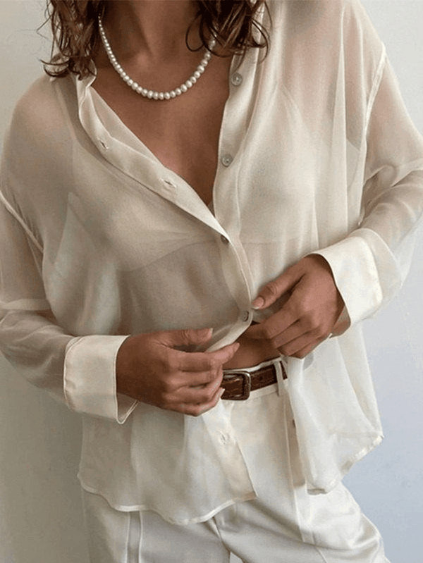 Button Front Semi Sheer Long Sleeve Blouse - AnotherChill