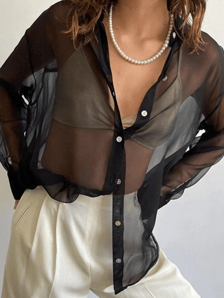 Button Front Semi Sheer Long Sleeve Blouse - AnotherChill