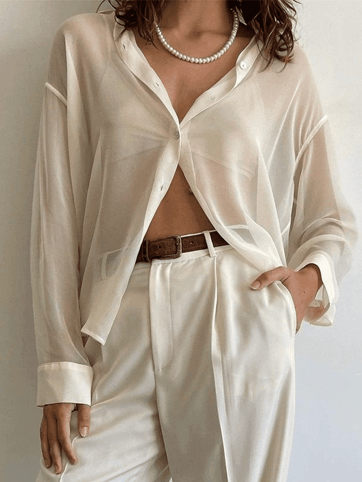 Button Front Semi Sheer Long Sleeve Blouse - AnotherChill