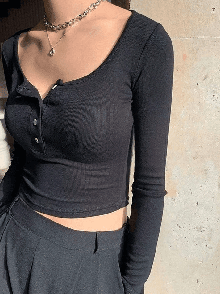 Button Up Long Sleeve Crop Top - AnotherChill