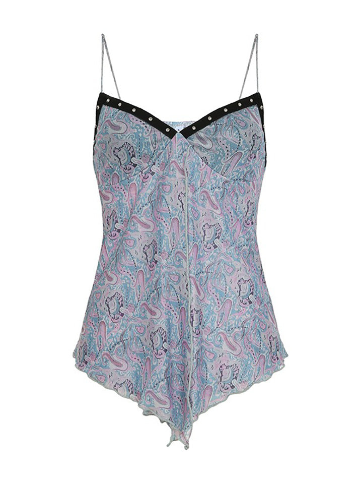 Vintage Studded Print Asymmetrical Mesh Cami Top