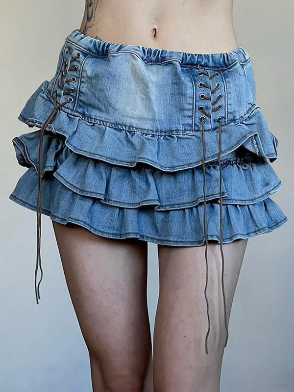 Vintage Tie High Rise Tiered Denim Mini Skirt - AnotherChill