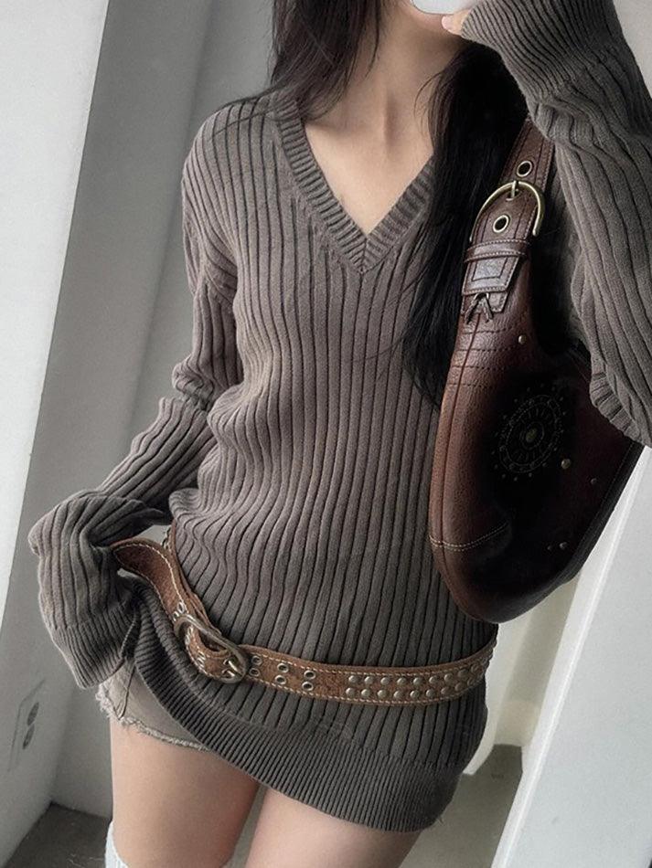 Vintage V-Neck Striped Long Sleeve Sweater