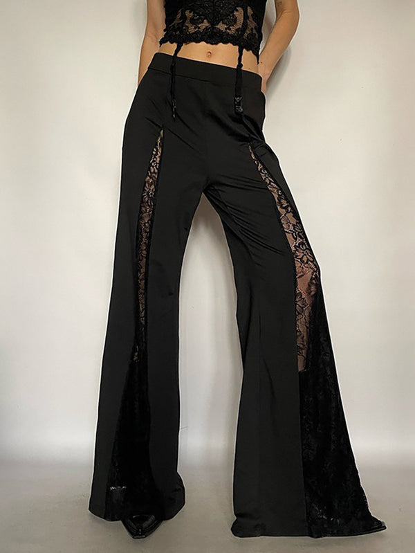 Solid Color Lace Trim Flared Pants