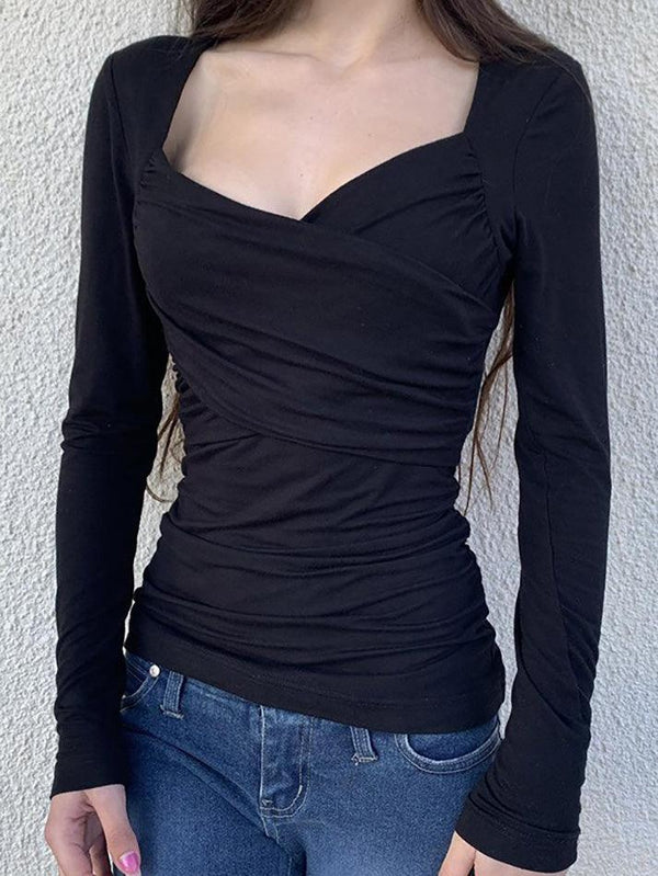 Cross V-Neck Ruched Long Sleeve Top