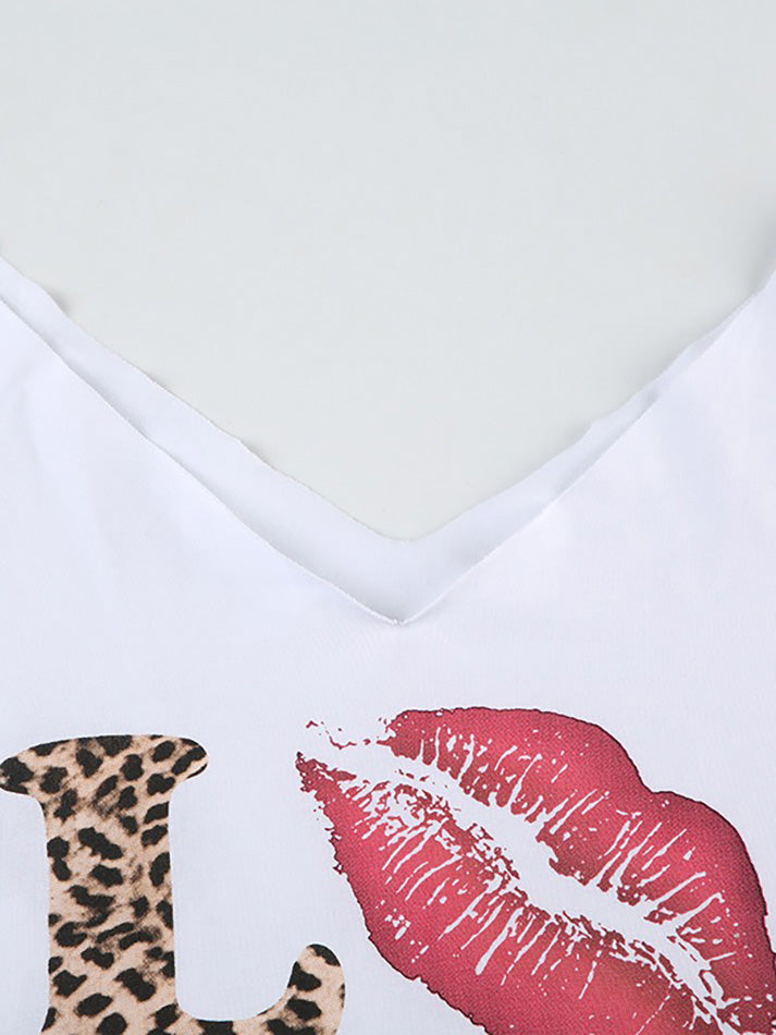 Leopard Letter Print V-Neck Tee