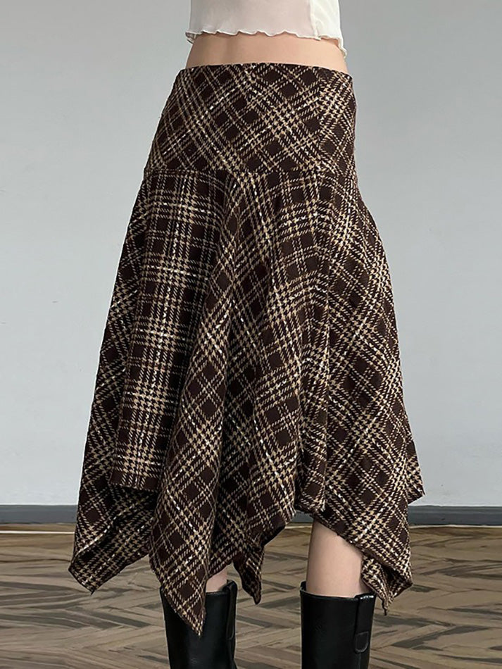 Vintage Plaid Contrast High-Waisted Asymmetrical Skirt