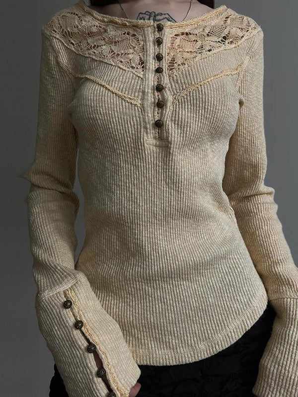 Lace Button-Up Crew Neck Long Sleeve Top