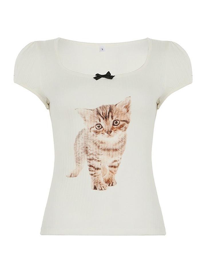 Cat Print Bow U Neck Tee - AnotherChill