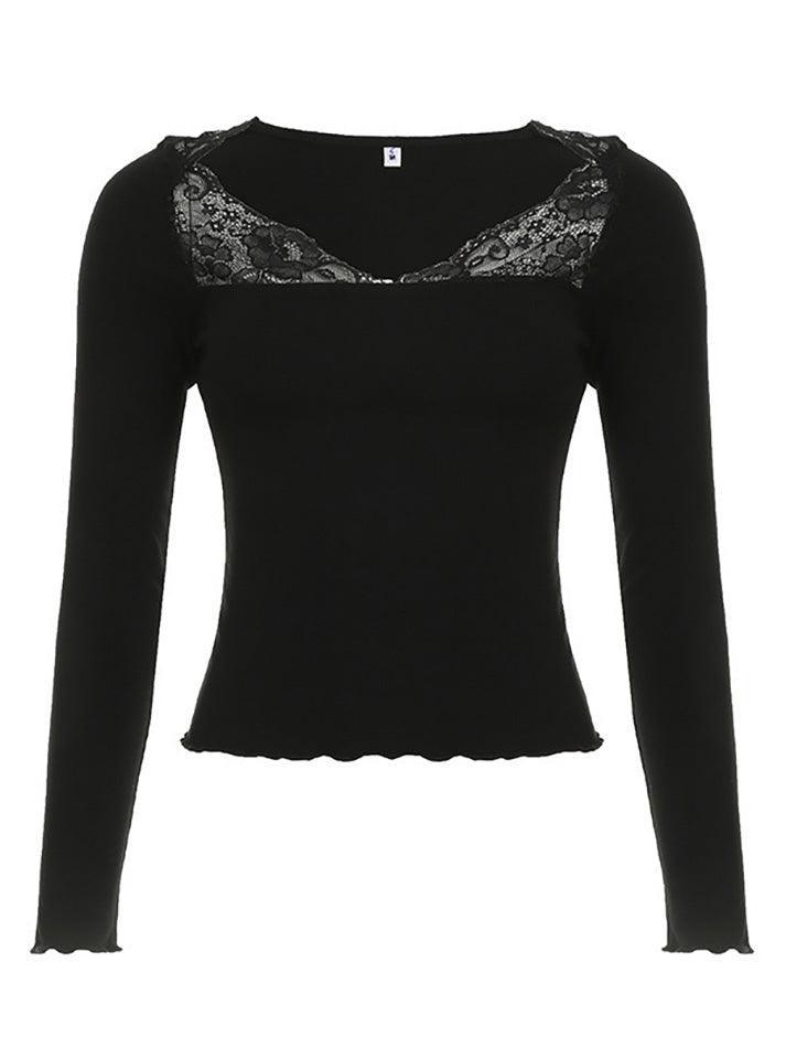 Lace Square Neck Ruffle Trim Long Sleeve Top