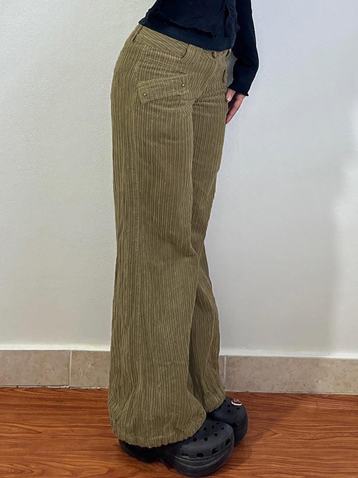 Cuffed Pocket Loose Corduroy Casual Pants