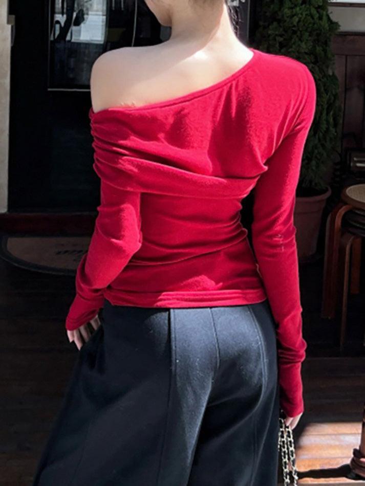 Solid Color Asymmetrical Ruched Long Sleeve Top