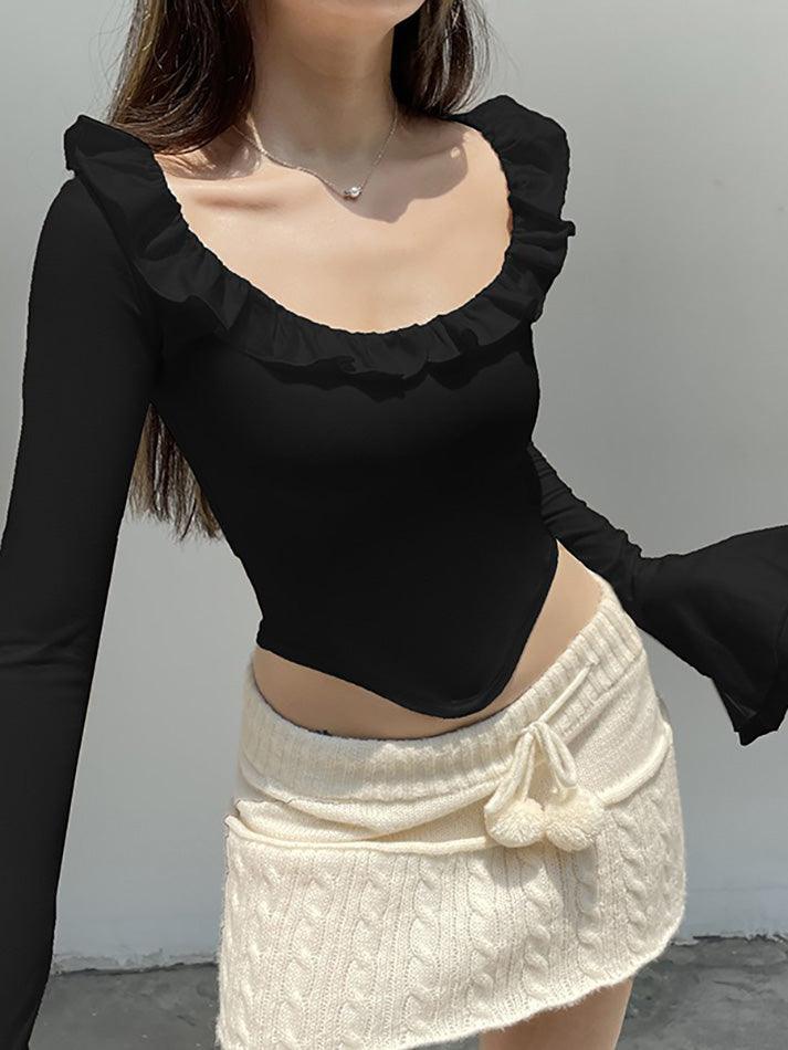 Ruffled Flared Long Sleeve Y2K Crop Top