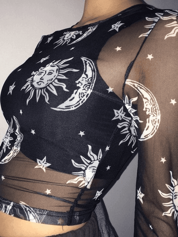 Celestial Print Sheer Mesh Crop Top - AnotherChill