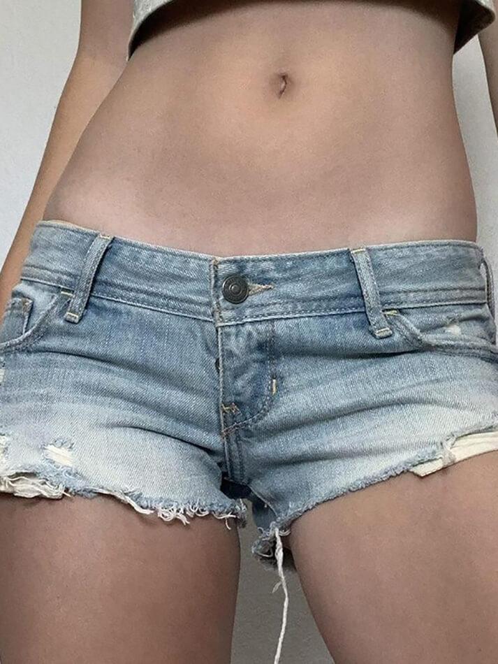 Low-Rise Frayed Denim Shorts - AnotherChill