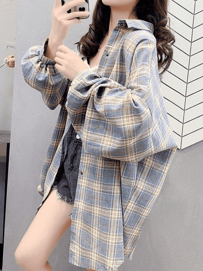 Checkered Baggy Long Sleeve Button Blouse - AnotherChill