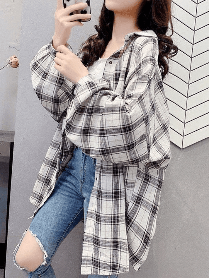 Checkered Baggy Long Sleeve Button Blouse - AnotherChill