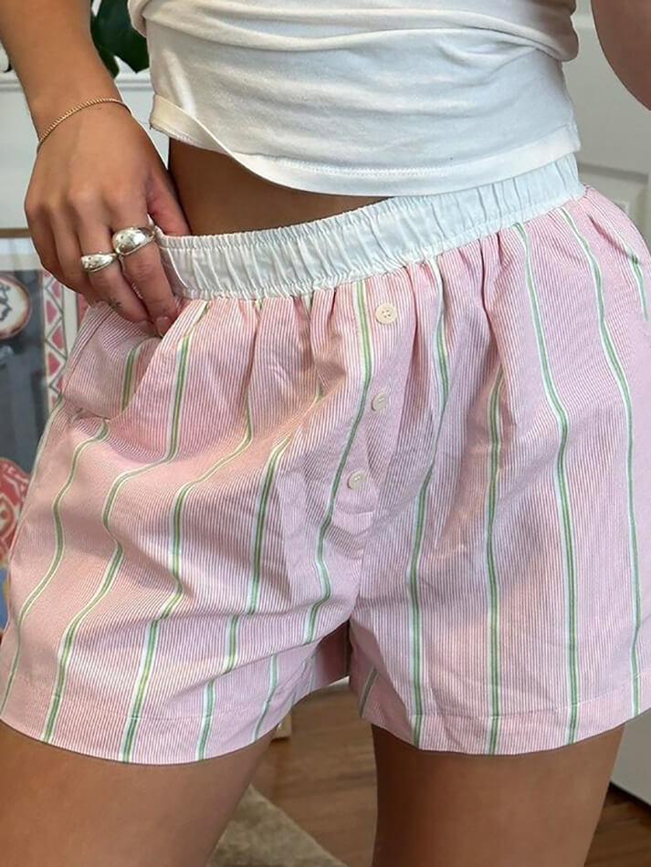 Contrast Button Striped Shorts - AnotherChill