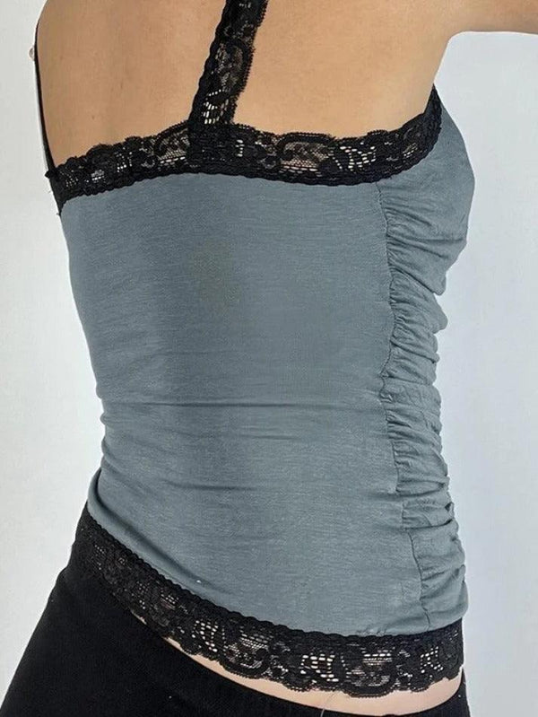 Contrast Color Lace Pleated Tank Top - AnotherChill