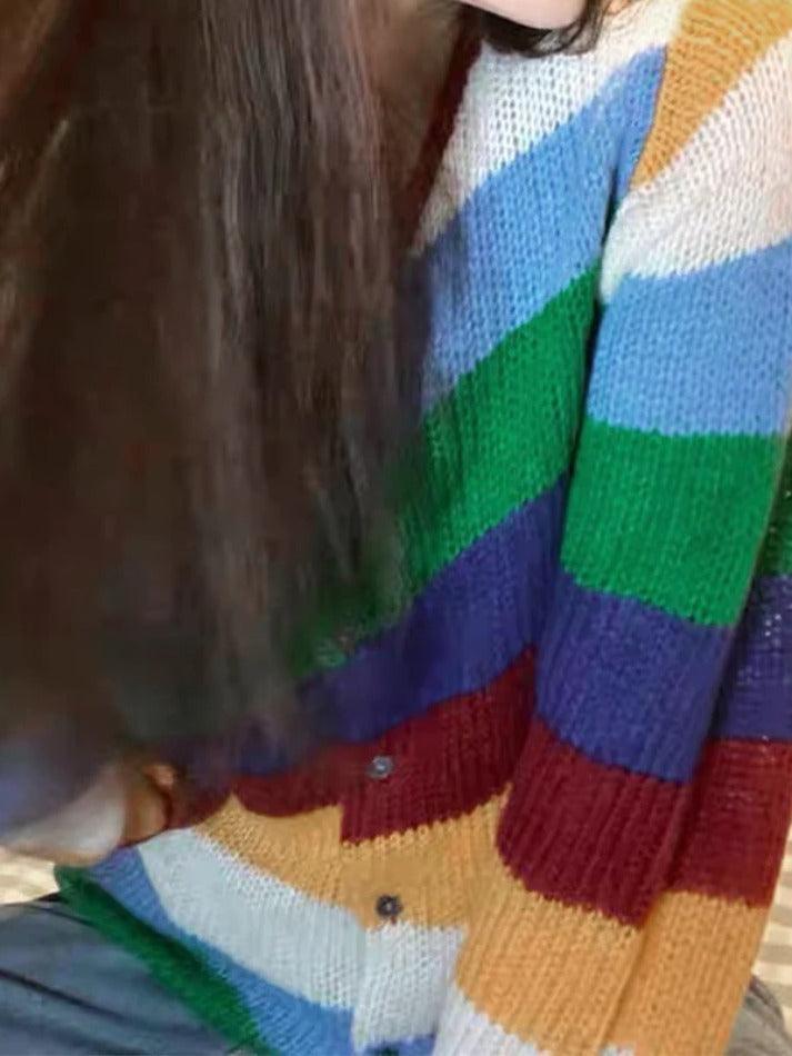 Contrast Color Rainbow Stripe Cardigan - AnotherChill