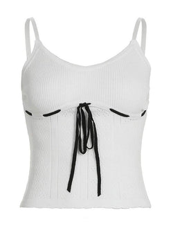 Contrast Hollow-Out Drawstring Tie Knit Cami Top - AnotherChill