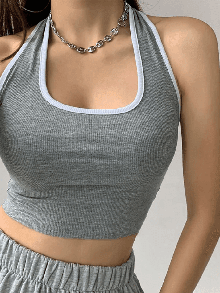 Contrast Trim Cropped Halter Tank Top - AnotherChill