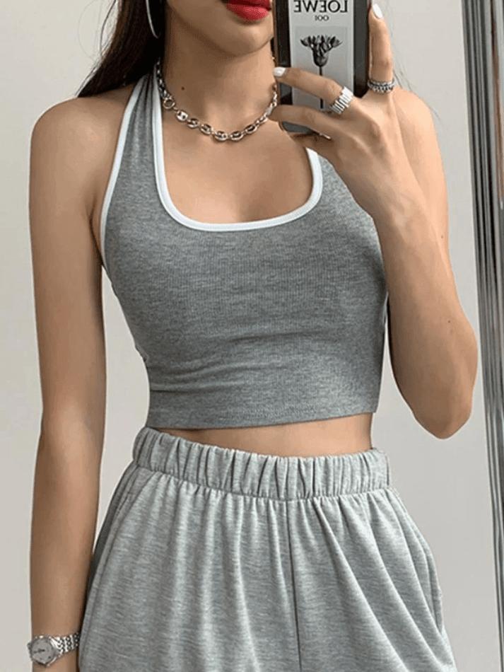 Contrast Trim Cropped Halter Tank Top - AnotherChill