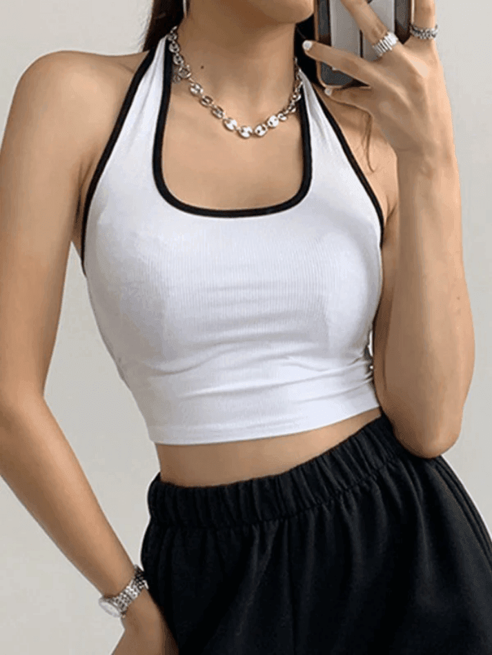 Contrast Trim Cropped Halter Tank Top - AnotherChill