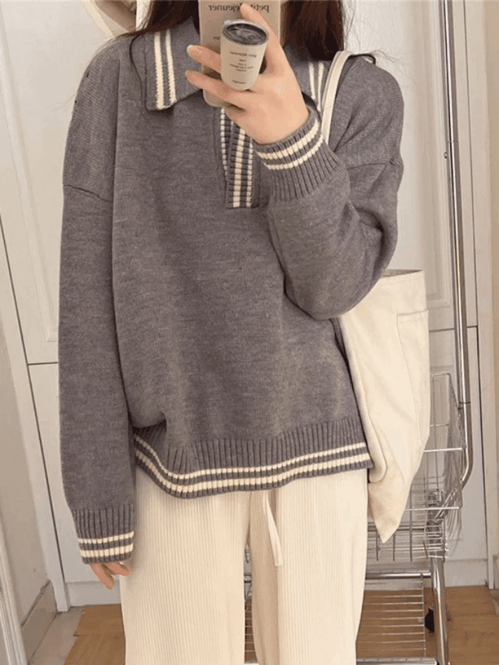 Contrast Trim Pullover Sweater - AnotherChill