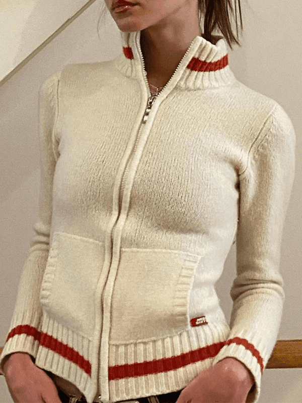 Contrast Trim Zip-Up Cardigan - AnotherChill