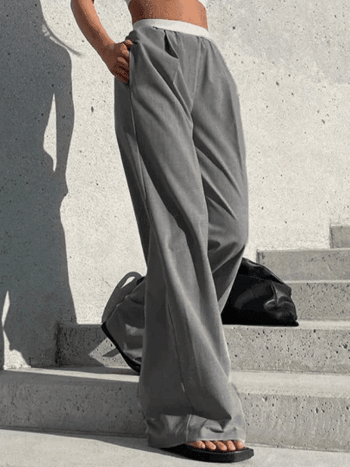 Contrast Waist Gray Baggy Tailored Pants - AnotherChill