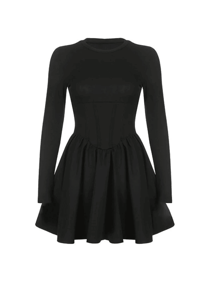 Corset Detail Black Long Sleeve Mini Dress - AnotherChill