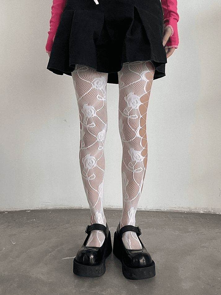 Criss Cross Cutout Floral Mesh Tights - AnotherChill